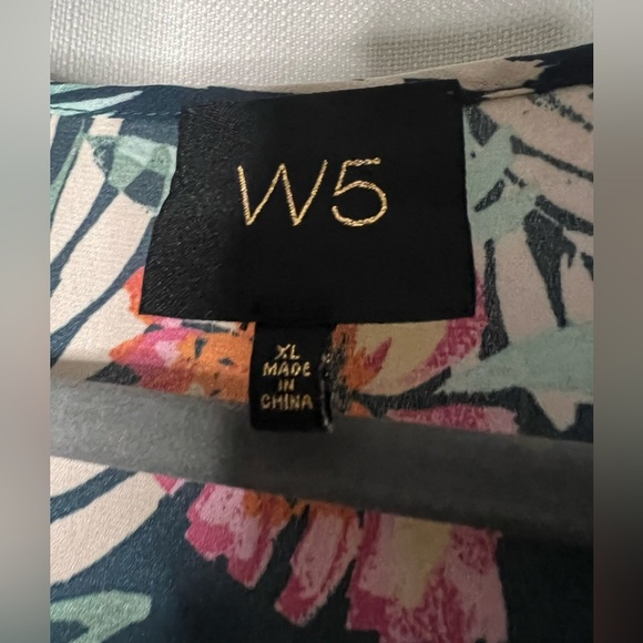 W5 Navy Blue Tropical Print Surplice Blouse - Picture 3 of 7